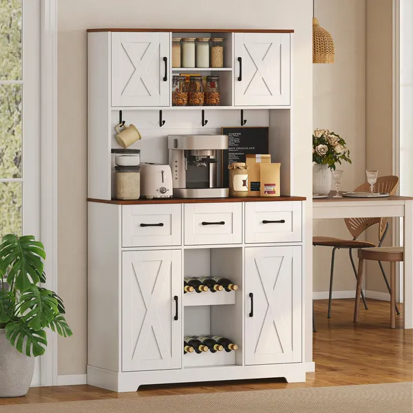 Amário de Cocina Alto Móvil Auxiliar de Cocina Soporte para 8 Garrafas 4 Puertas 3 Gavetas Prateleiras Abiertas Bancada Ampla 4 Ganchos Orificio para Cabos 100x38x172 cm Blanco
