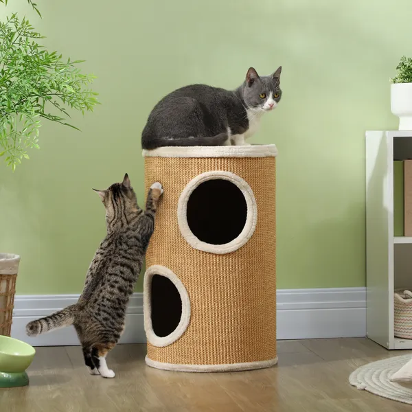 Barril Arranhador para Gatos 60 cm de Altura Tonel de Escalada com 2 Cavernas e Cobertura de Sisal Arranhador para Gatos Ø35x60 cm Marrom e Bege