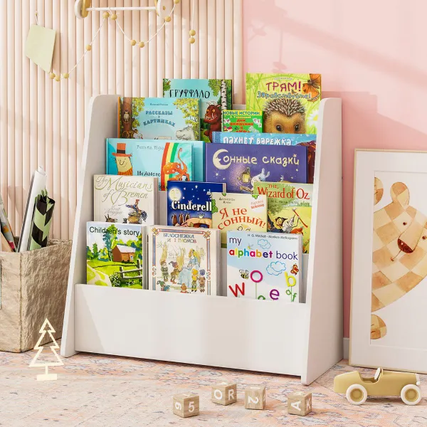 Estantería Infantil de 4 Niveles Librería Frontal para Niños con Compartimentos Organizador de Revistas para Dormitorio Infantil