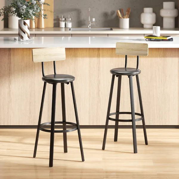 Conjunto de 2 Bancos de Bar Bancos Altos de Cozinha com Encosto e Apoio para Pés Estofados em PU Assento com 75,5 cm de Altura Fácil Montagem Estilo Industrial 41,5x36,5x99,5 cm Madeira e Preto