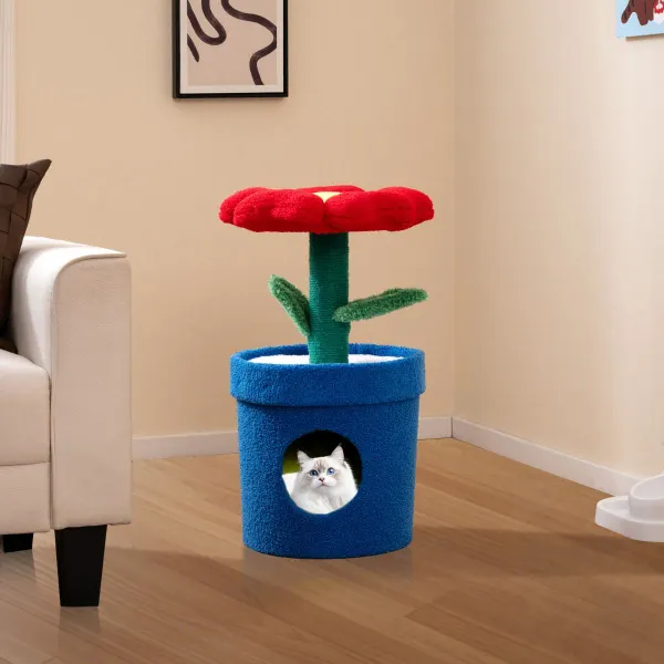 Arbre à Chat 3 Niveaux Fleur avec Belvédère Supérieur Condo Privé Griffoir 43x43x72,5cm Rouge