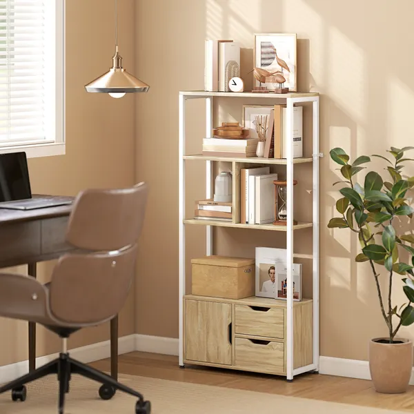 Estante para libros con Gabinete y 2 Gavetas de almacenamiento Estante Decorativa Oficina Sala de Estar 58x24x122 cm Madeira y Blanco