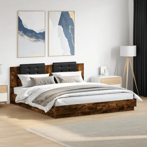 Estrutura cama c/ cabeceira/luzes LED 200x200cm carvalho fumado