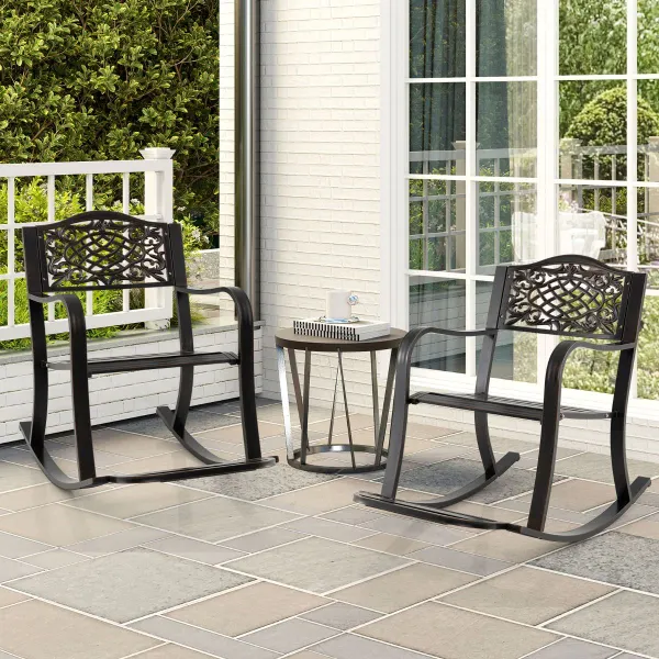 Fauteuil à Bascule de Patio en Aluminium Coulé avec Repose-Pieds et Dossier Fleuri