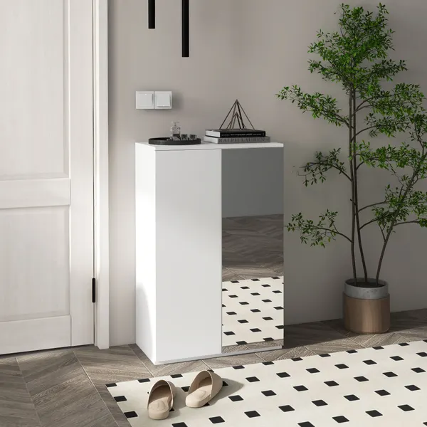 Sapateira com Espelho Móvel Sapateira para 18 Pares de Sapatos com Prateleiras Ajustáveis para Entrada 60x32x95 cm Branco