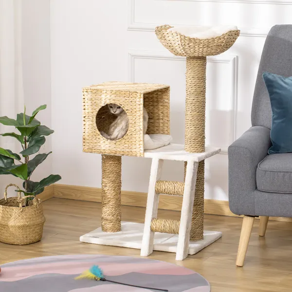 Inicio para gatos mediano altura 100,5cm Inicio para gatos con Cama Superior Caverna 2 Almohadillas 2 Postes Escalera 57x37x100,5cm Bege