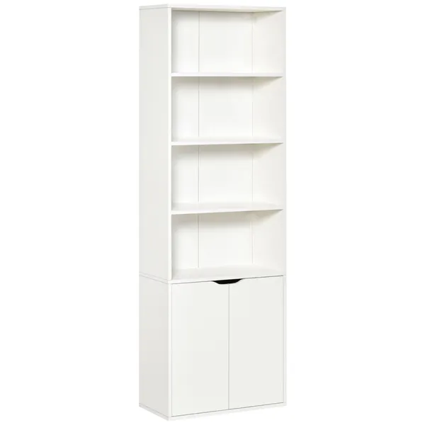 Estante para Livros com 4 Compartimentos Abertos e 1 Armário com 2 Prateleiras Armazenamento Livros Plantas para Sala de Estar Escritório 59x29x180cm Branco