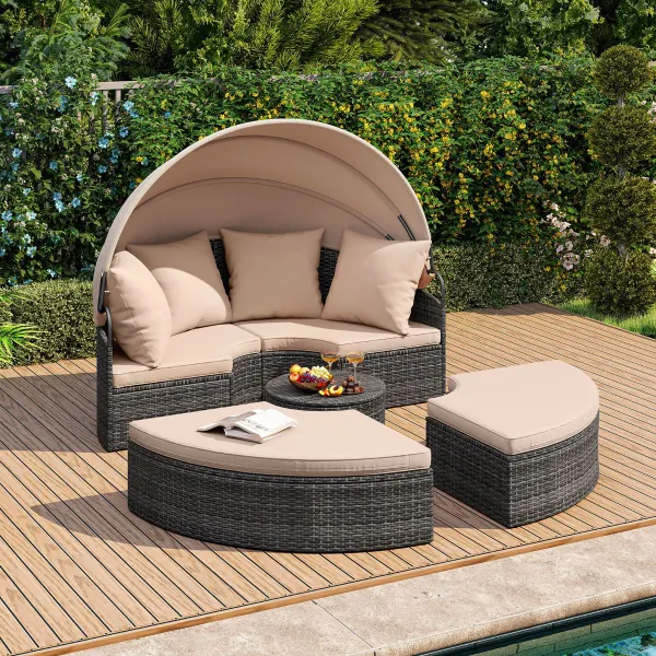 Divano Letto Rotondo da Giardino con Tenda Retrattile 171x172x141 cm Beige