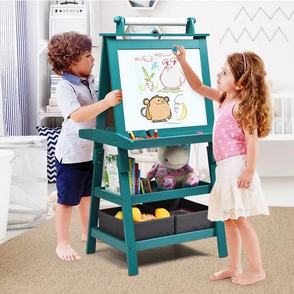 Cavalete 3 em 1 de Dupla Face para Crianças com 2 Prateleiras 59x50x117 cm