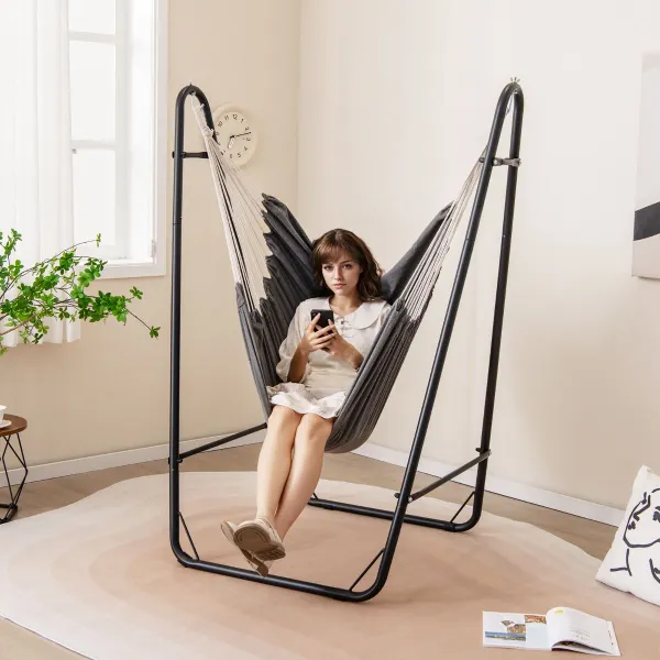 Sedia Amaca Sospesa con Supporto Struttura Metallica Tasca Laterale 120kg Grigio Scuro