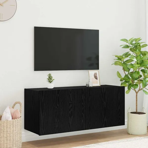 Armário de TV de Parede com LED Carvalho Preto 100 x 35 x 41 cm