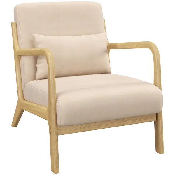 Poltrona Sala de Estar Nórdica Poltrona Individual Acolchoada com Apoio para os Braços e Estrutura de Madeira de Borracha para Dormitório Carga 120 kg 61x78x76 cm Bege