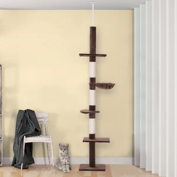 Arbre de scratching pour chats Scratching à fixer à Této Hauteur réglable avec plates-formes Poste de Sisal 40x34x230-260cm Marron