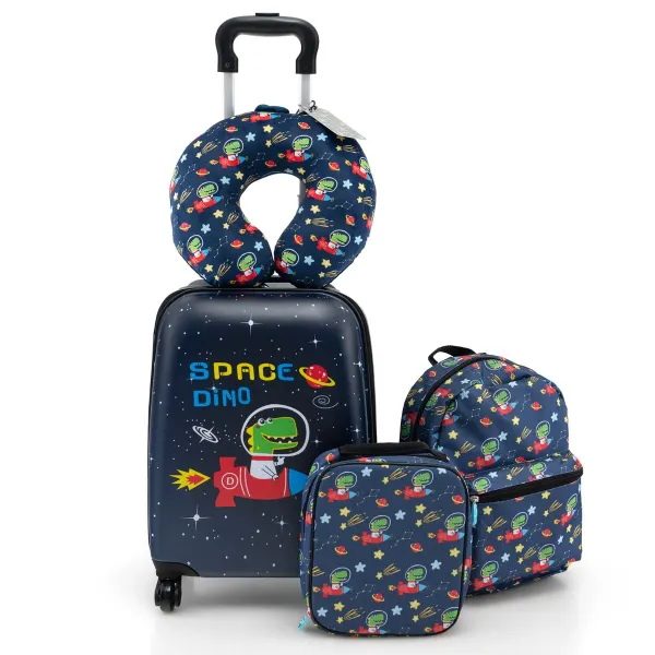 Conjunto de Bagagem Infantil 5 Peças com Rodas Mochila Almofada Cervical e Etiqueta