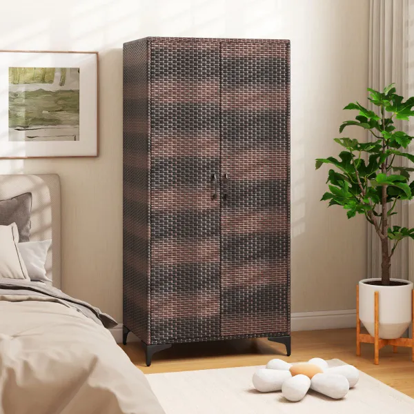 Armário de Vime com 2 Portas PE, Barra de Pendurar e 4 Cubos de Arrumação