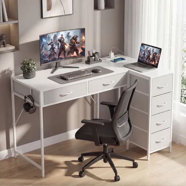 Secretária de Canto Reversível com 6 Gavetas de Tecido 126x48 cm Secretária em L com Tomada de Energia Porta USB e USB-C Mesa em L para Casa ou Escritório Branco