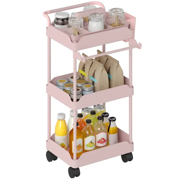 Carrinho Auxiliar com Rodas de 3 Níveis Carrinho de Cozinha com Cestos Extraíveis Rodas com Travão Suporte para Toalhas e Estrutura de Metal Carrinho de Serviço para Casa de Banho 42x42,5x76 cm Rosa