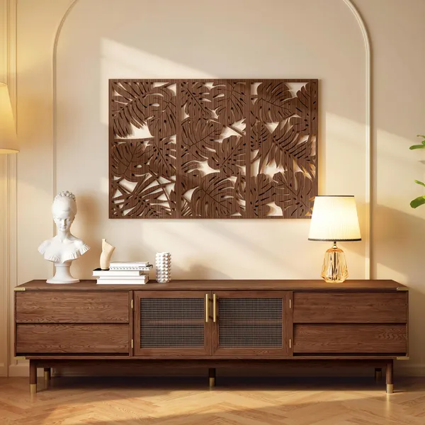 Decoração de Parede em Madeira 3D 3 Peças 40x80 cm Adornos de Parede com Padrão de Folhas Tropicais Arte Moderna para Sala Quarto Corredor Nogueira