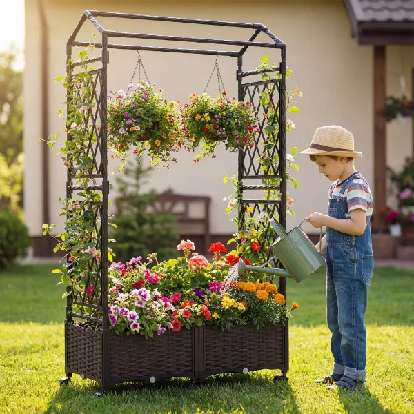 Jardinière Surélevée avec Système d'Auto-Arrosage, Treillis et Roues Verrouillables