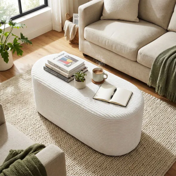 Banco Otomano Oval Estofado em Pana Cinzento - Repousapés Moderno para Quarto e Entrada