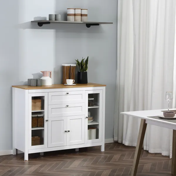Aparador de Cozinha com Armário 2 Gavetas 2 Portas de Vidro e Prateleiras Ajustáveis Móvel Auxiliar de Armazenamento para Sala de Jantar Sala de Estar 120x40x90cm Branco