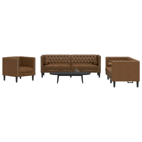 3 pcs conj. sofás chesterfield c/ rolos camurça artif. castanho
