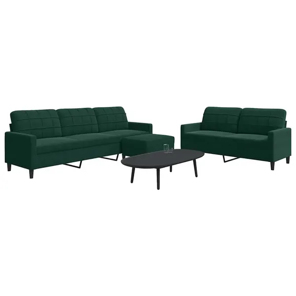 3 pcs conjunto de sofás com almofadões veludo verde-escuro