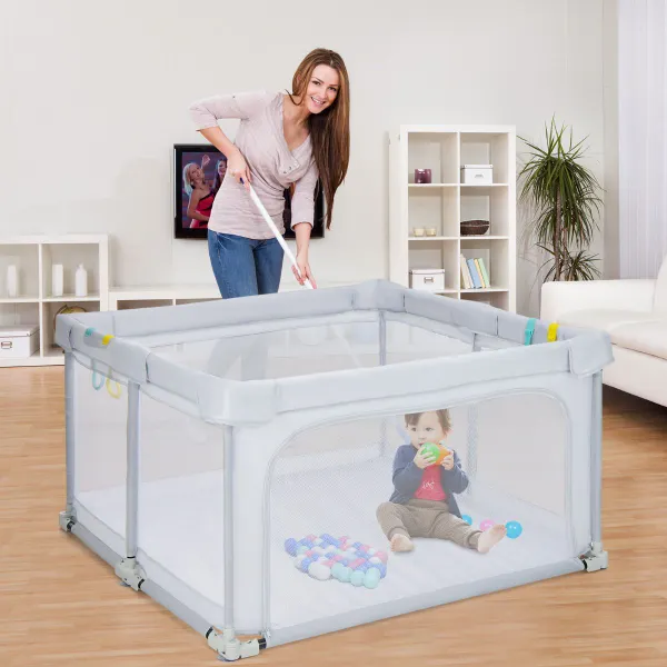 Parque de Jogos Dobrável Portátil para Bebé com Suelo, Trava e Ventosas 124x124x70cm