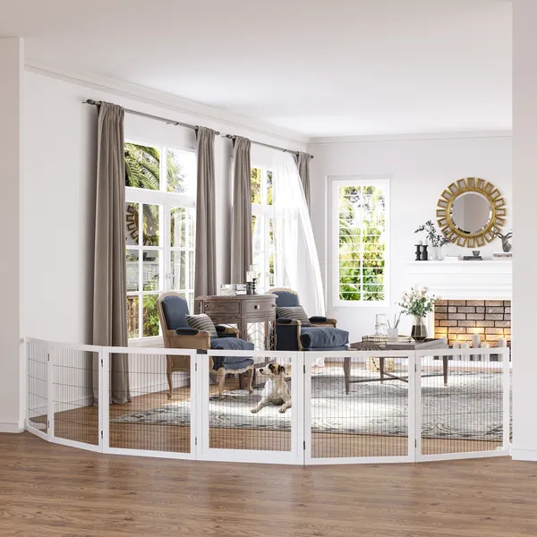 Barreira de Segurança para Cães de Madeira Dobrável para Escadas e Portas Grade para Cães Pequenos e Médios com 6 Painéis com Suporte de Pé para Interiores 432x36x70 cm Branco