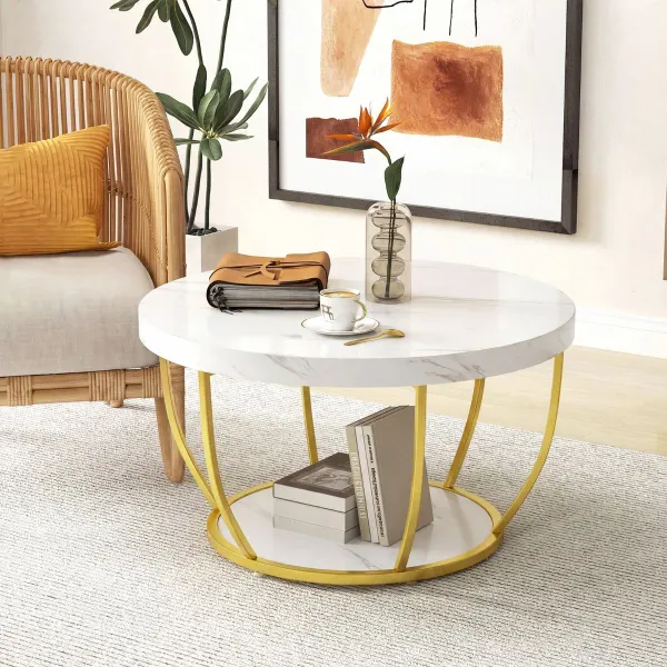 Table Basse Ronde 2 Niveaux avec Rangement 80 cm Structure Métal