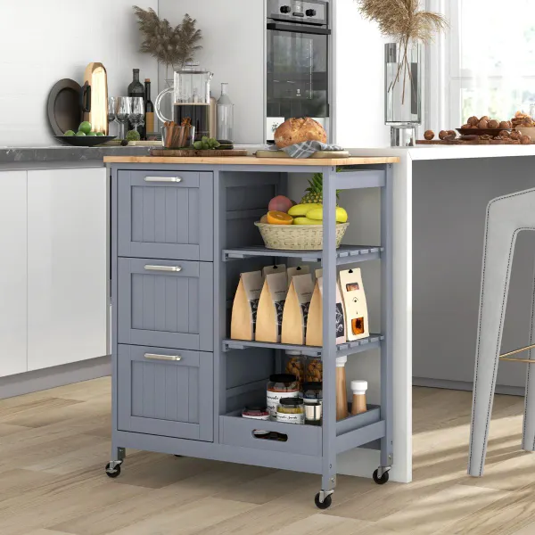 Carrinho de Ilha de Cozinha com Tampo de Madeira 3 Gavetas 2 Prateleiras 67x37x83,5cm