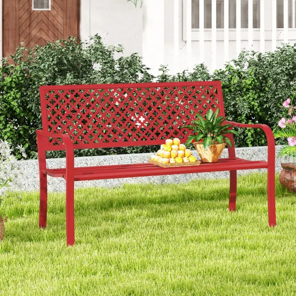 Banco de Jardín de 127 cm para Patio Silla de Metal para 2 Personas con Respaldo Hueco Asiento de Listones Brazos para Porche