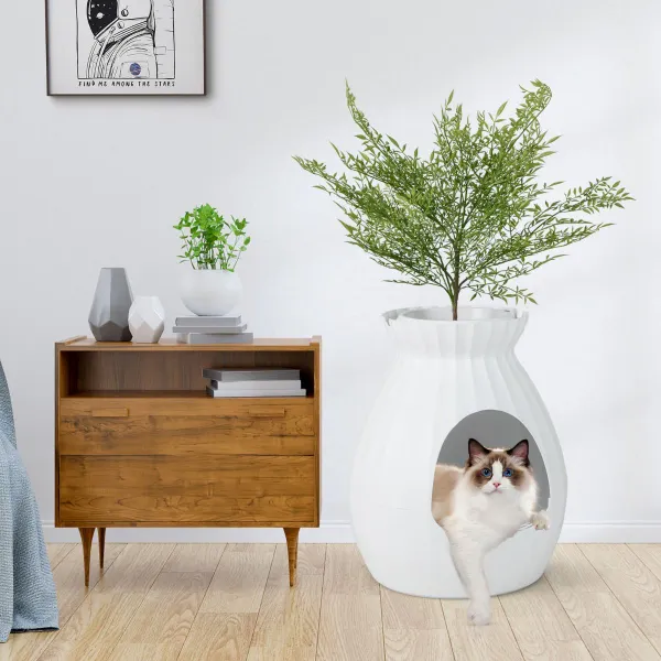Caja de Arena para Gatos Oculta con Planta Artificial Sintética Eliminación Electrónica de Olores y Esterilización 50 x 50 x 59 cm