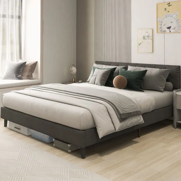 Cama Plataforma Madeira Estofada Cabeceiro Acolchado Botões Cinza
