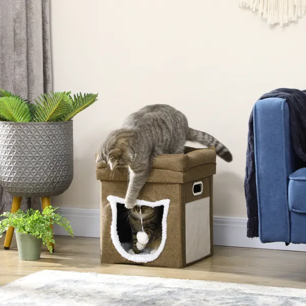 Cama Caverna para Gatos Casa para Gatos com Cama Superior Arranhador Almofada Suave e Bola Suspensa 39x39x42 cm Marrom