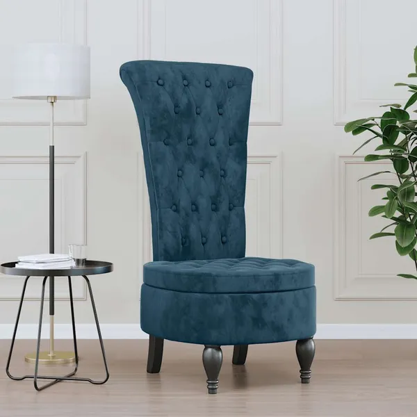 Cadeirão com encosto alto veludo azul design de botões