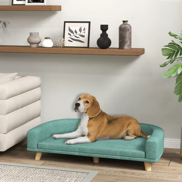 Sofá para Cães Cama Elevada para Cães Estofada com Almofada Lavável e Pés de Madeira de Pinho Carga Máxima 40 kg 98x67x25 cm Verde