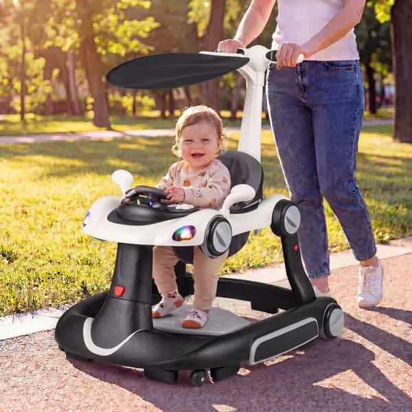 6 en 1 Andador para Bebés con Capota Hamaca Mecedora con Música Luces Ajuste de Velocidad/Altura Cochecito para Niños 7-18 Meses Negro+Blanco