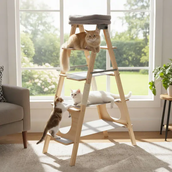 Árbol para Gatos de Madera Mobiliario Plegable con Escalera Torre Alta de Pino Macizo de 5 Niveles con Perchero Tapizado y Poste Gris