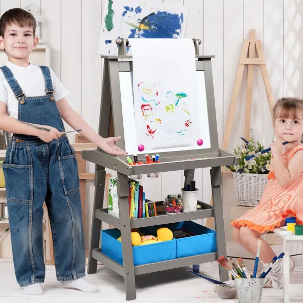Cavalletto Bambini Doppio Lato 3 in 1 con 2 Ripiani e Scatole 59x50x117 cm