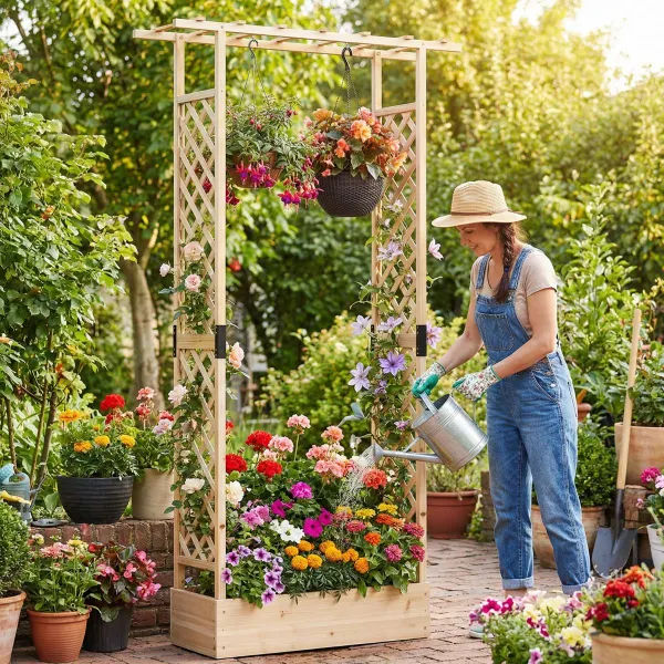 Jardineira Elevada Madeira Abeto com Enrejado e Tecto Suspenso 110x35x227cm