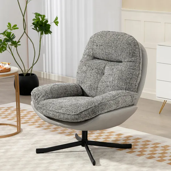 Poltrona Giratória Moderna Poltrona de Sala com Base Cruzada Estofada em Chenille e Couro PU Assento Largo Duplo Pernas de Aço e Apoios de Braço Poltrona Relax para Sala de Estar Quarto 78x95x99 cm Cinza