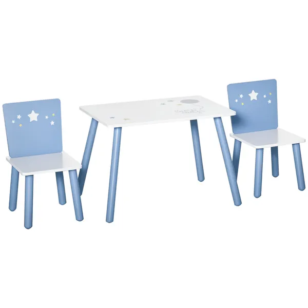 Conjunto de Mesa Infantil y 2 Sillas de madera Mesa con sillas para niños de 2-4 años Mesa 60x40x43 cm y Sillas 28x26x48 cm para Dormitorio Sala de Estar Blanco y Azul