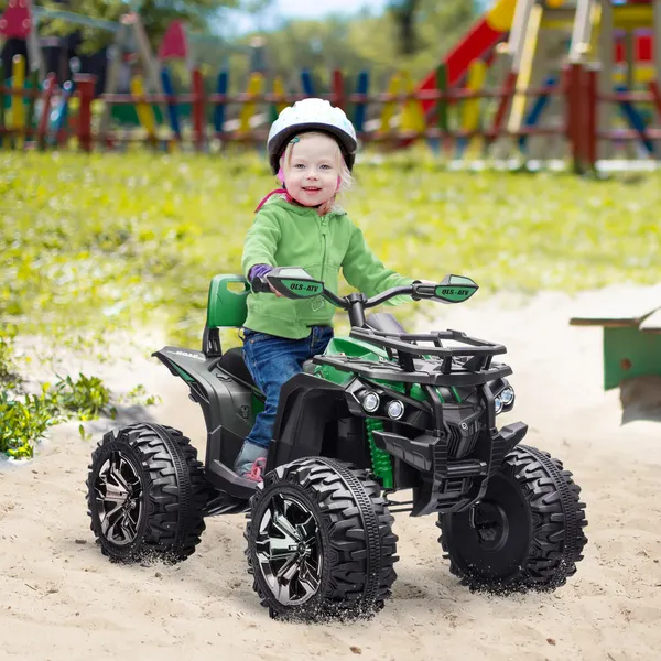 Quadricella elettrica 12V per bambini al di sopra di 3 anni con Lighthouse Music Suspension Tires Buttons Advance and Retrocess Battery Electric Vehicle 100x65x73cm Verde