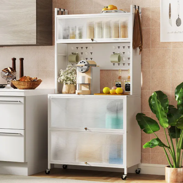 Estante de Cocina 5 Niveles Soporte Microondas Puertas Translúcidas Rodas