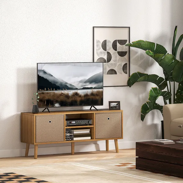 Móvel de TV para Televisores de até 50 Polegadas Móvel de Sala de Estar Moderno com 2 Gavetas de Tecido 2 Prateleiras Abertas e Orifício Passa Cabos 110x29x46,5 cm Madeira e Castanho Claro