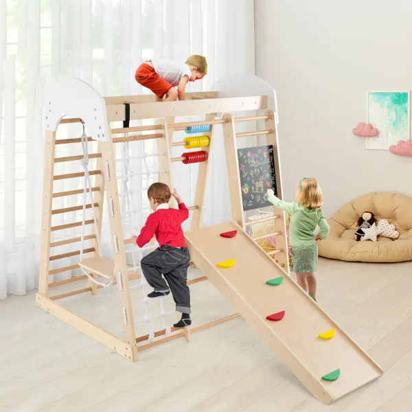 Centre d'Activités 7 en 1 en Bois avec Rochers d'Escalade, Filet et Balançoire