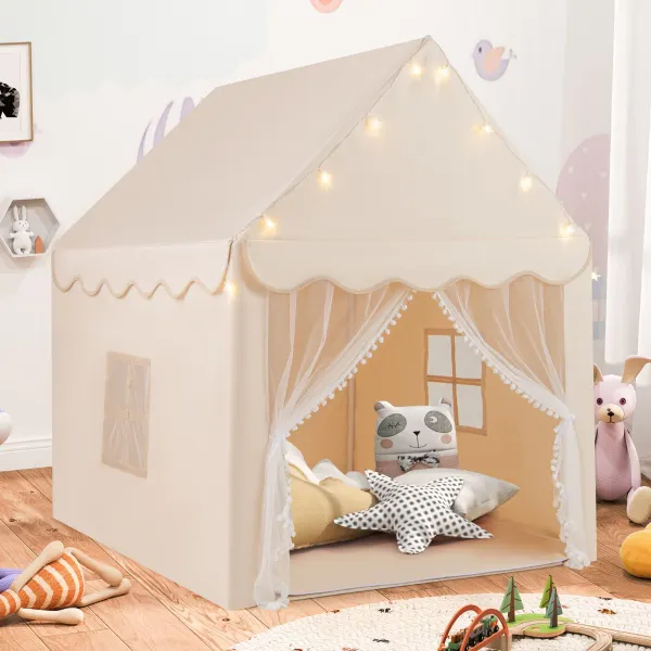 Tente de Jeu Château de Jardin Intérieur et Extérieur avec Tapis Épais Beige
