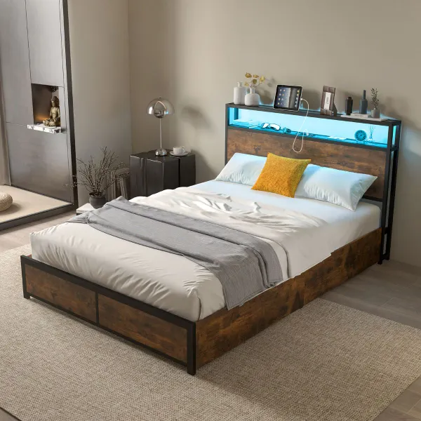 Cama Estrutura Metal Cabeceiro LED RGB 4 Gavetas Armazenamento USB