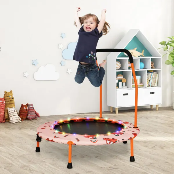 Trampoline Enfant 92 cm Mini Lit Élastique avec Lumières LED Poignée Sécurité Tapis Saut